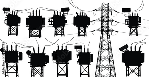 Vector Silhouette of Power Transmission Tower and Industrial Transformers for High-Voltage Electrical Substation, Energy Grid, and Distribution Network.