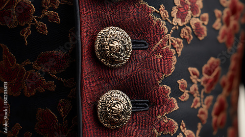 Thai ceremonial jacket with layered fabric drapes and silver filigree buttons close-up on a clean white background 