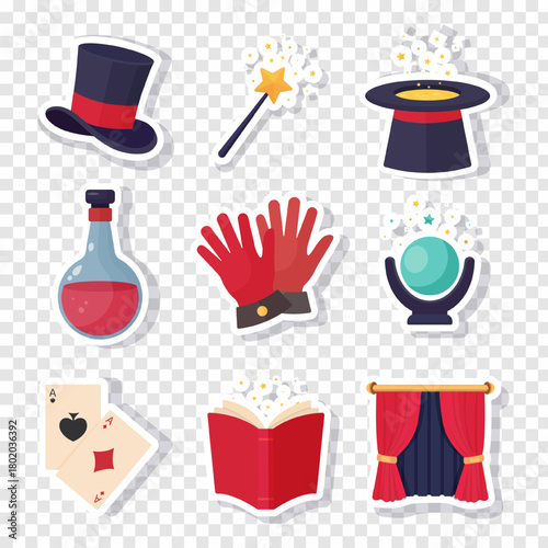 Vector set of magic circus stickers on a light background. Includes magician hat, gloves, wand, cards, crystal ball, book and bottle. Bright playful design for posters, banners and web graphics.