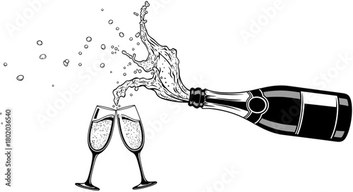 Black and white illustration of a champagne bottle pouring into two glasses, celebrating.