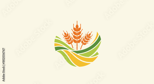 A stylized logo of three golden wheat stalks on rolling green and yellow fields, representing agriculture and harvest.