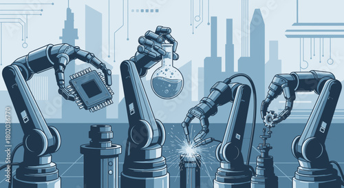 Robotic arms in a factory setting, handling components and chemicals, showcasing automation and technological advancement.