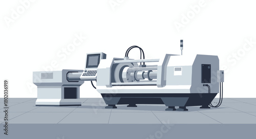 A detailed illustration of an industrial injection molding machine, showcasing its components.
