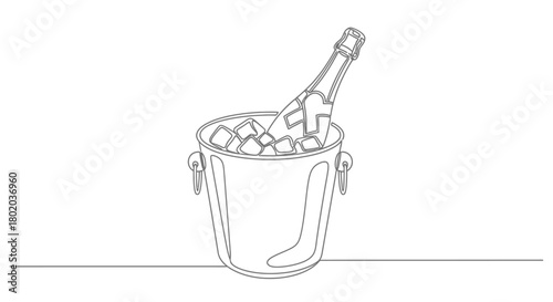 A continuous single line drawing of a champagne bottle chilling in an ice bucket filled with ice cubes.
