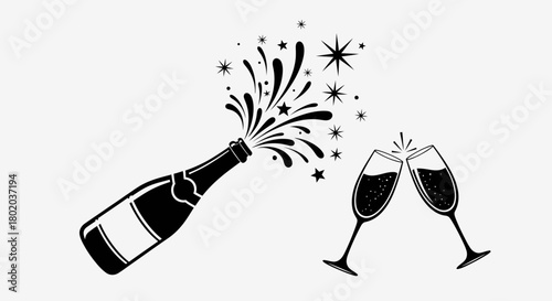 A black and white illustration of a champagne bottle popping with celebratory stars and two glasses clinking.
