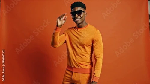 Trendy Young African American Man Wearing Orange Attire and Sunglasses Posing Against Bright Orange Backdrop