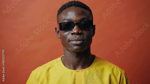 Orange Backdrop Portrait Featuring Young African American Man in Bright Shirt and Sunglasses