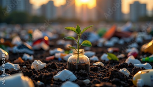 Resilience Amidst Pollution Single Plant Sprouts From Glass Bottle Among