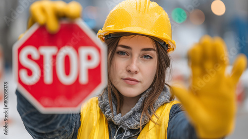 Woman construction worker directing traffic with stop sign on busy street