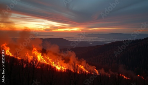 Flames Rising Against Silhouetted Landscape