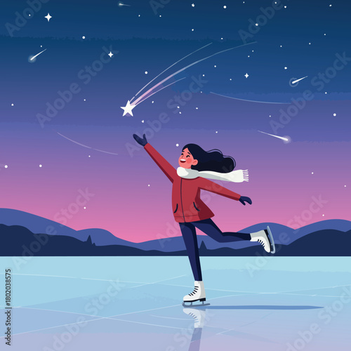 Girl ice skating under a starry sky with shooting stars in the background during winter season 