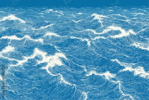 青い海に荒波が打ち寄せる、ダイナミックな水面のベクターイラストレーション。生命力あふれる自然の力強さを表現。