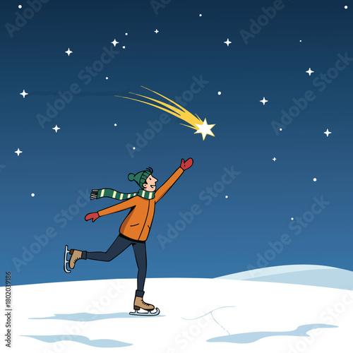 Skating figure reaching for falling star during winter night in snowy landscape for joyful celebrations 