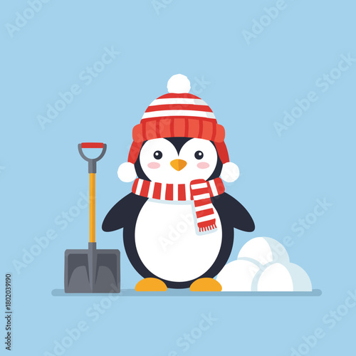 Penguin wearing a red striped hat and scarf with a shovel beside snowballs in winter setting 
