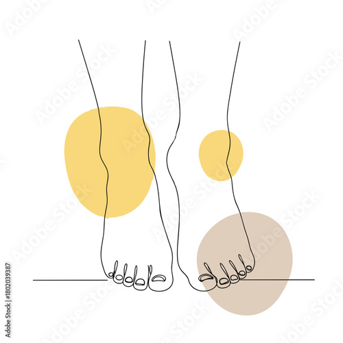 minimalist line art of two pairs of bare feet standing closely for podiatry clinic sites, foot care product packaging, movement workshops, and dance studio promotions