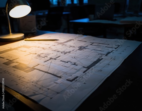 Illuminated Blueprint on Desk in Dark Room with Desk Lamp Light