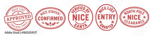 Vintage red rubber nice list approval stamps featuring santa certification labels for holiday graphics