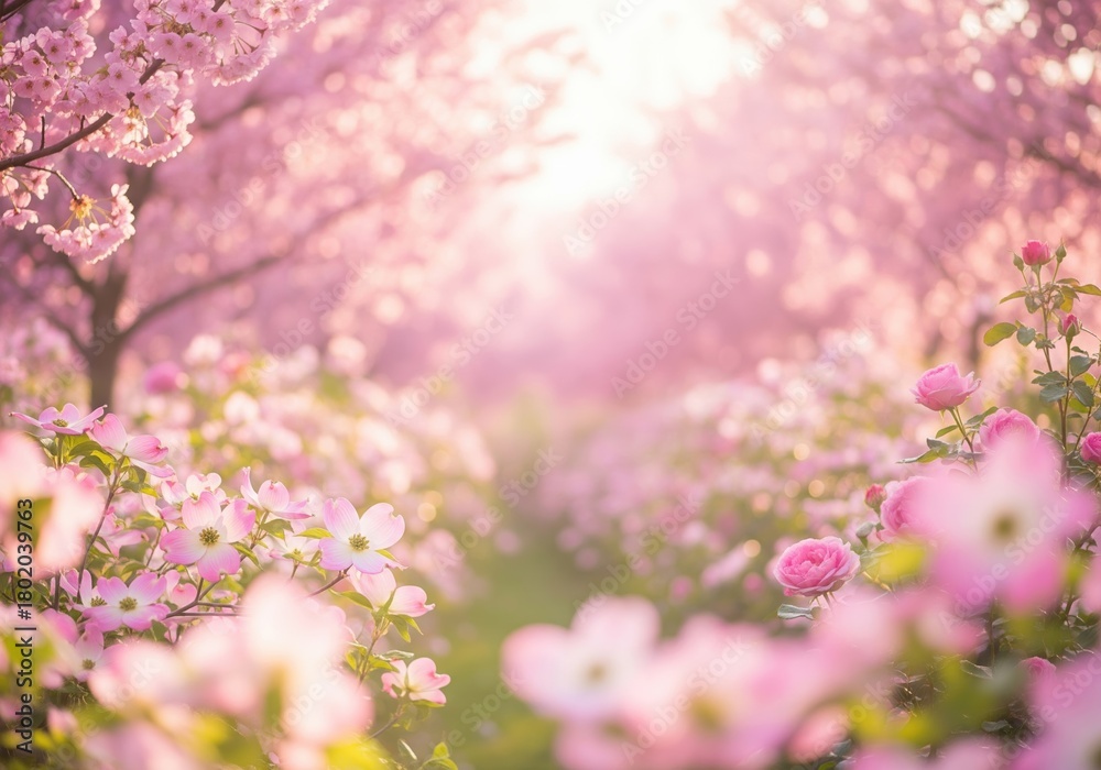 Obraz premium A dreamy pathway through a garden of blooming pink cherry blossoms