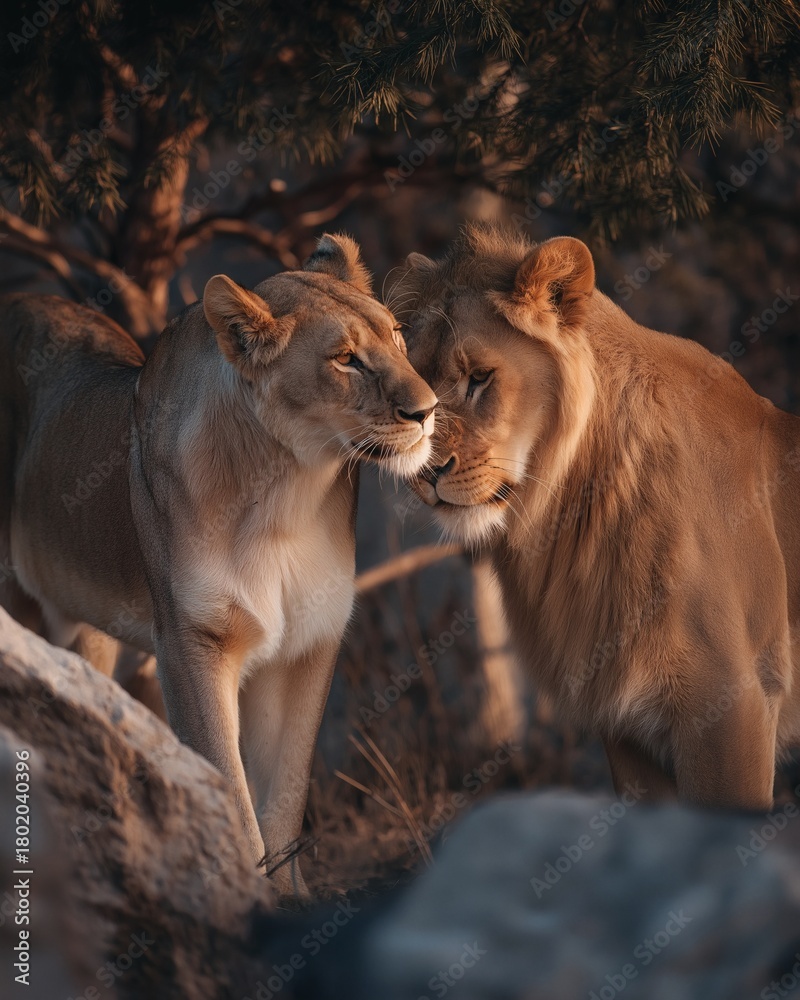 Obraz premium A pair of lions, their heads close, bathed in soft sunlight glow.