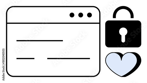 Browser window beside lock and heart icons symbolizing data security, privacy, and user trust. Ideal for digital safety, encryption, online ethics, secure browsing, internet freedom, user consent