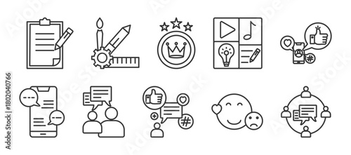 storytelling icon set collection in outline style. Icon pack contains storytelling, script, Creative, brand, content, marketing, message, communication, viral, emotion, share