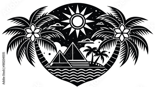 Vector illustration of a tropical island beach with palm tree silhouettes at sunset