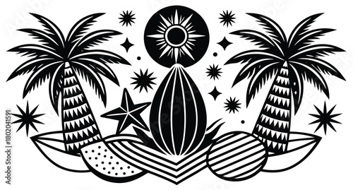 Tropical summer beach paradise vacation design featuring a vector illustration of a palm tree silhouette against the ocean and sky