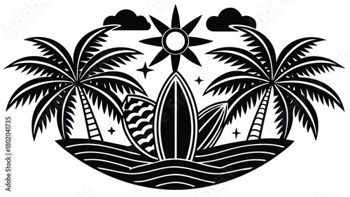 🌴 Tropical palm tree silhouette on a beach at sunset, a perfect summer vacation island vector illustration