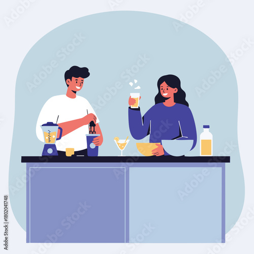 Couple enjoying cooking together in a modern kitchen while preparing refreshing drinks and smoothies 