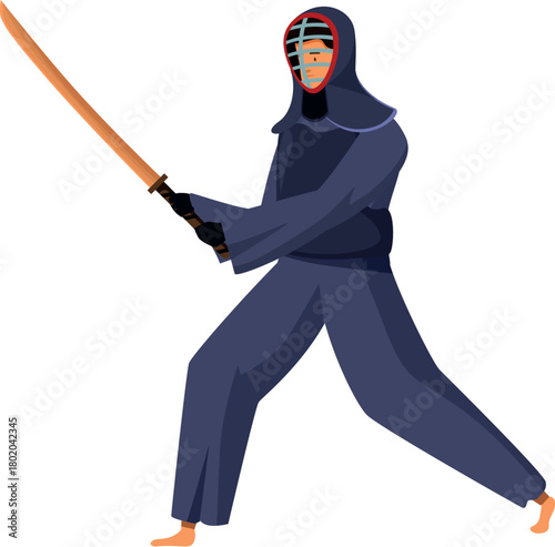 Kendo fighter is performing martial art with shinai, exercising fighting skills