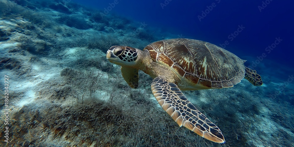 Fototapeta premium Sea Turtle Swimming in the Ocean, a Serene Underwater Encounter.