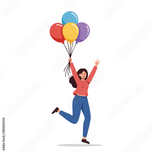 Celebratory woman joyfully holding colorful balloons during a special occasion such as a birthday or party 
