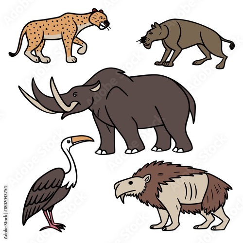 Collection of extinct animals including a sabertoothed cat, a giant rhino, a ground sloth, a terror bird, and a deinotherium isolated on