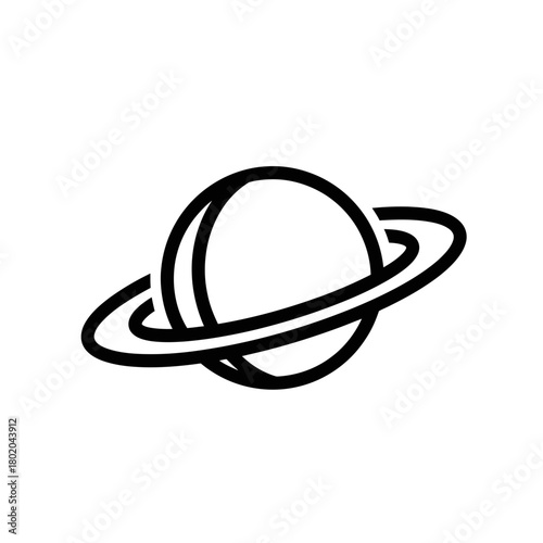 Stylized Planet with Rings, Simple Line Art Icon.