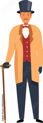 Victorian gentleman wearing elegant clothes, top hat and holding a walking cane