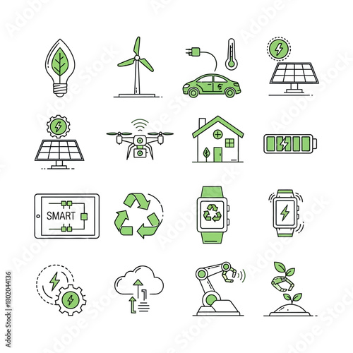 Sustainable Technology and Smart Energy Line Art Icons Collection with Green Accents.