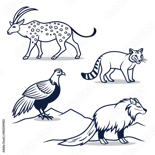 Collection of wildlife animal illustrations isolated on, featuring addax, genet, pheasant, and raccoon dog in black and white
