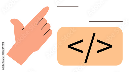 Hand pointing toward code brackets, highlighting programming, development, interaction, and coding. Ideal for technology, software, education, interfaces web design innovation and debugging