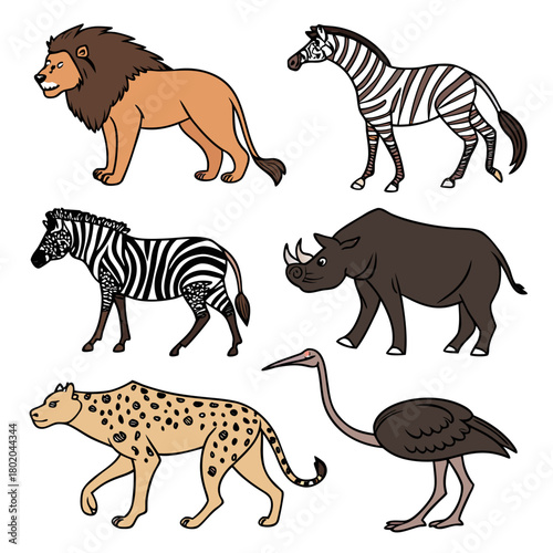 Illustration of wild african animals including a lion, zebras, rhinoceros, cheetah and ostrich isolated on for educational purposes