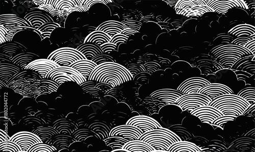 黒と白の波模様が重なり合う、伝統的な日本の文様を思わせるベクターイラストレーション。