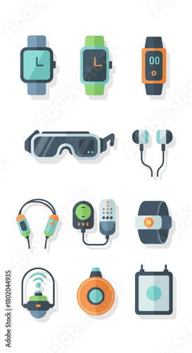 Vibrant flat design wearable technology devices set, featuring smartwatches, VR goggles, headphones, and fitness trackers.