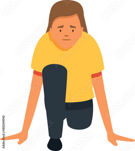 Female athlete in starting position, ready to sprint, showing concentration and determination