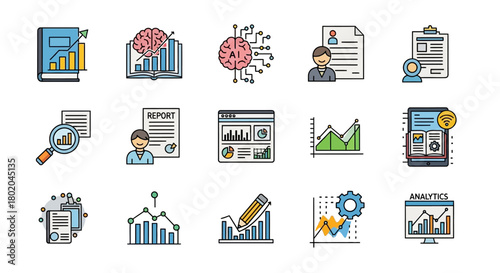 Vibrant line art icons depicting data analysis, business intelligence, financial reporting, and technology concepts.