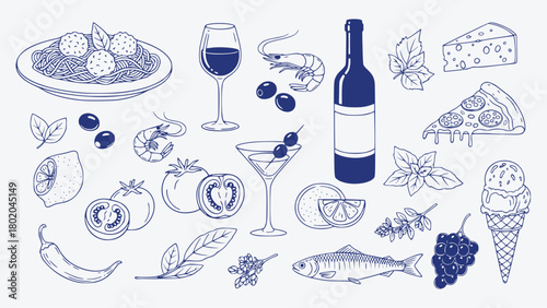 Italian Food and Drink Collection Pasta, Pizza, Wine, Cheese, Seafood, and Desserts