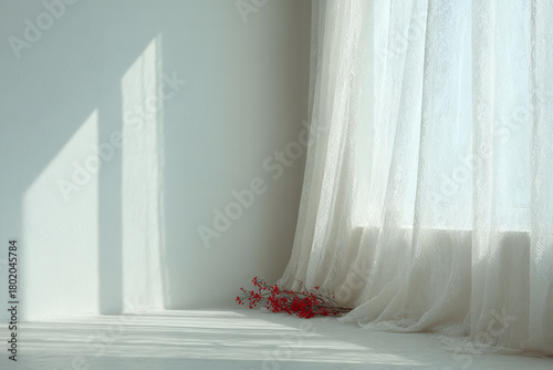 morning sunlight streams through lace curtain creating magical and festive atmosphere