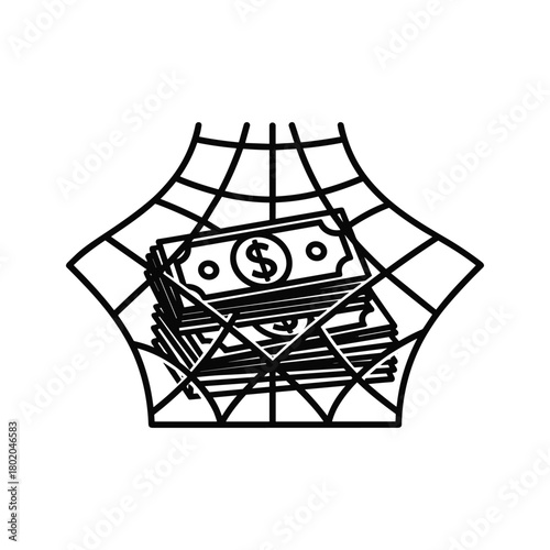 Money trapped in a spider web, symbolizing financial problems or debt