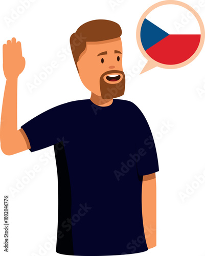 Young man waving and speaking czech, czech republic flag in speech bubble
