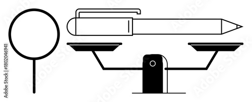 Pen and magnifying glass balancing on scale, symbolizing analysis, fairness, decision-making, evaluation, justice, legal matters, and critical thinking. Ideal for concepts thumbs up equality