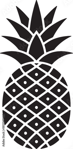 Black silhouette of a pineapple with a diamond pattern and spiky crown isolated on white background