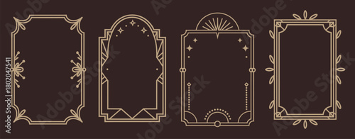 a set of four elegant art deco golden frames with celestial, floral, and esoteric motifs featuring the moon and sun, created in thin line style and displayed on a dark background.